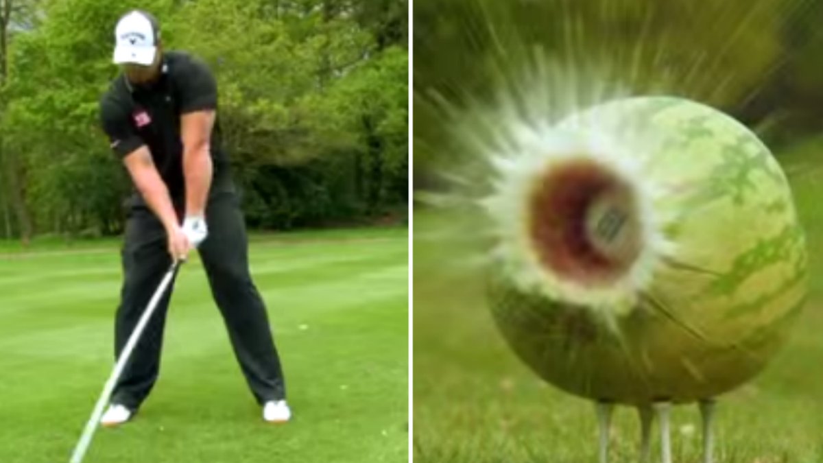 Golfproffset Joe Miller drar en golfboll genom en vattenmelon i 246 km/h.